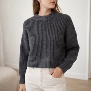 Everlane Charcoal Gray Cropped Ribbed Crewneck Sweater